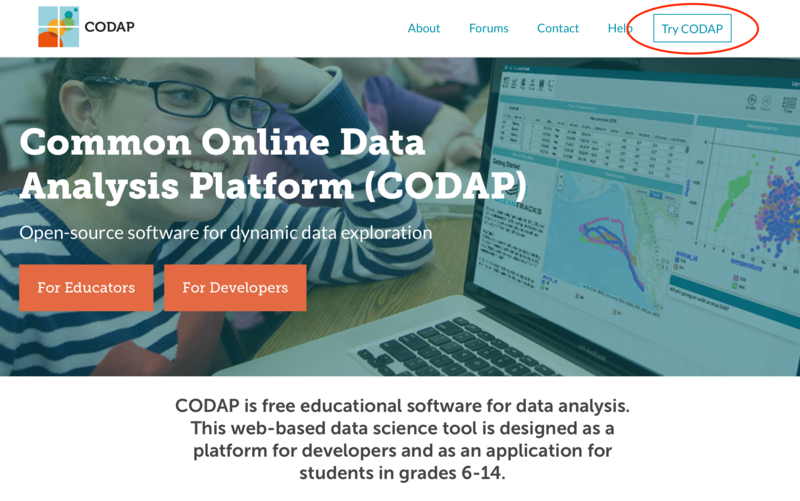 CODAP Home Page with "Try CODAP" Button Highlighted