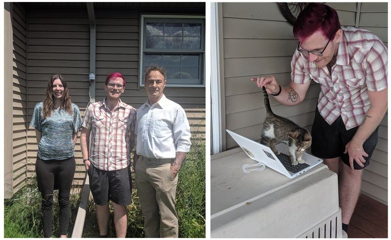 Installing Purple Air monitors in the field with (L-R) Aleah Gmeiner-Anderson, Connor Barnes, and Dr. Crispin Pierce (and a kitty named Sprinkles)