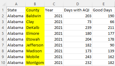 Example of a spreadsheet with a unique location recorded for each data point in a column