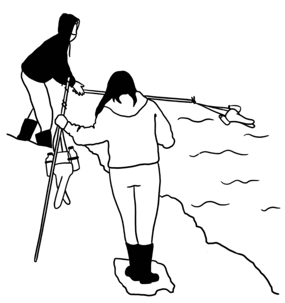 drawing of students using babylegs trawl in waterway